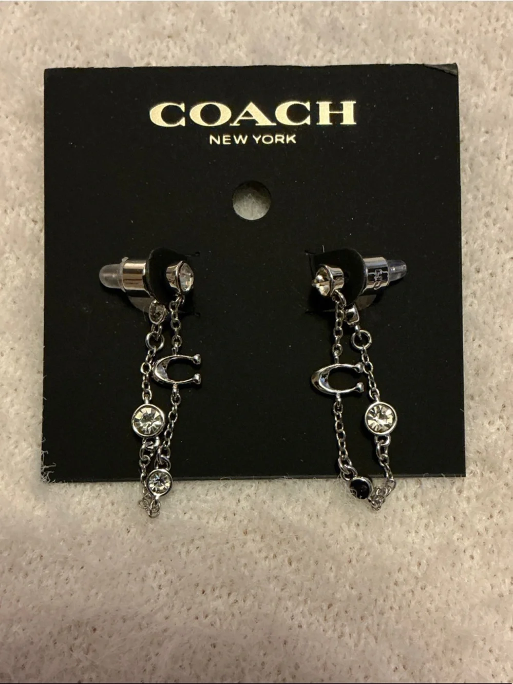 Coach Silver-Tone Dangling Chain Earrings with Clear Crystals - Picture 2 of 3